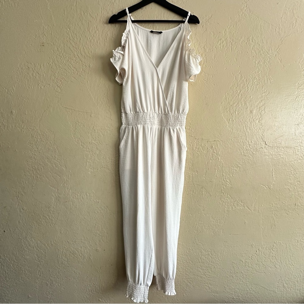 Women's White Cold-Shoulder Jumpsuit